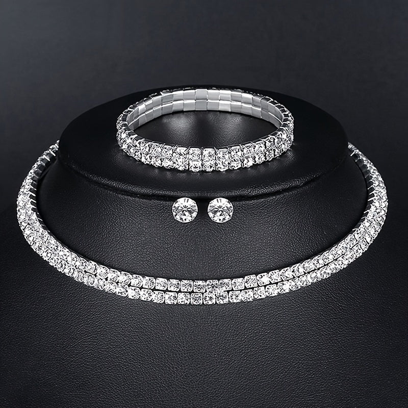 Luxurious Geometric Alloy Plating Rhinestones Silver Plated Women's Bracelets Earrings Necklace jewelry set