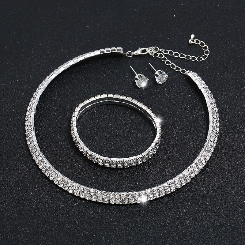 Luxurious Geometric Alloy Plating Rhinestones Silver Plated Women's Bracelets Earrings Necklace jewelry set