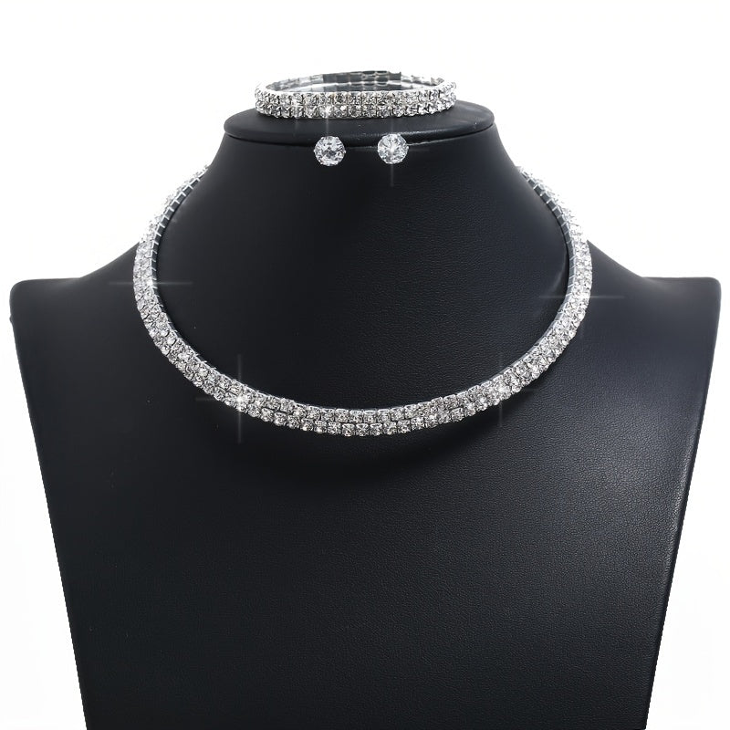 Luxurious Geometric Alloy Plating Rhinestones Silver Plated Women's Bracelets Earrings Necklace jewelry set